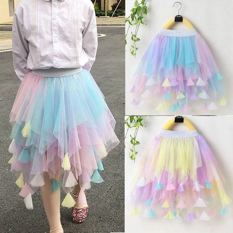 2-12Yrs Rainbow Girls Skirts Baby Girl Colorful Irregular Skirt Bottomst Long Skirt Fashion Color Strip Princess Dance Tutu 2022