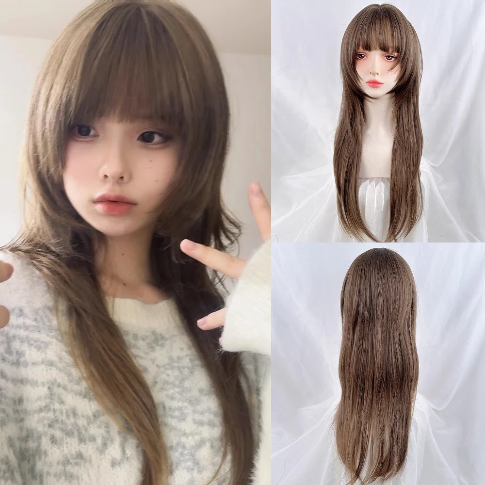 

Synthetic Brown Jellyfish Head Wig Long Straight Women Fluffy Lolita Cosplay Wig with Bangs for Daily Party