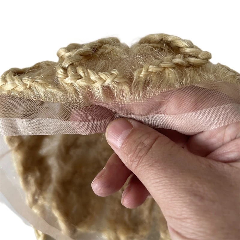 قطعة شعر بشري عذراء برازيلية # 613 شقراء اللون الأفرو كورنو الضفائر كامل الدانتيل الشعر المستعار 8x10 وحدات الدانتيل للرجال السود #5