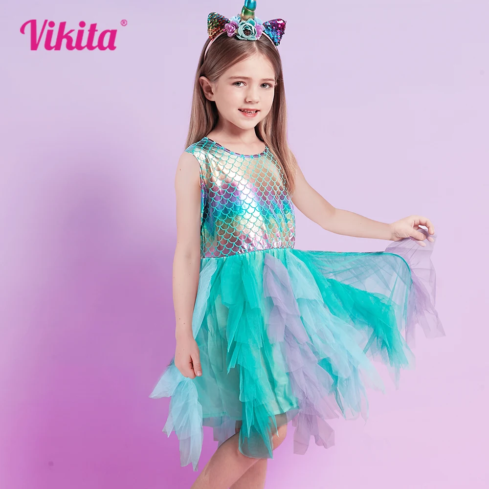 VIKITA Kids Summer Sleeveless Dresses Girls Mermaid Dress Girls Birthday Party Tutu Mesh Mesh Layered Dresses Kids Clothes 3-8Y