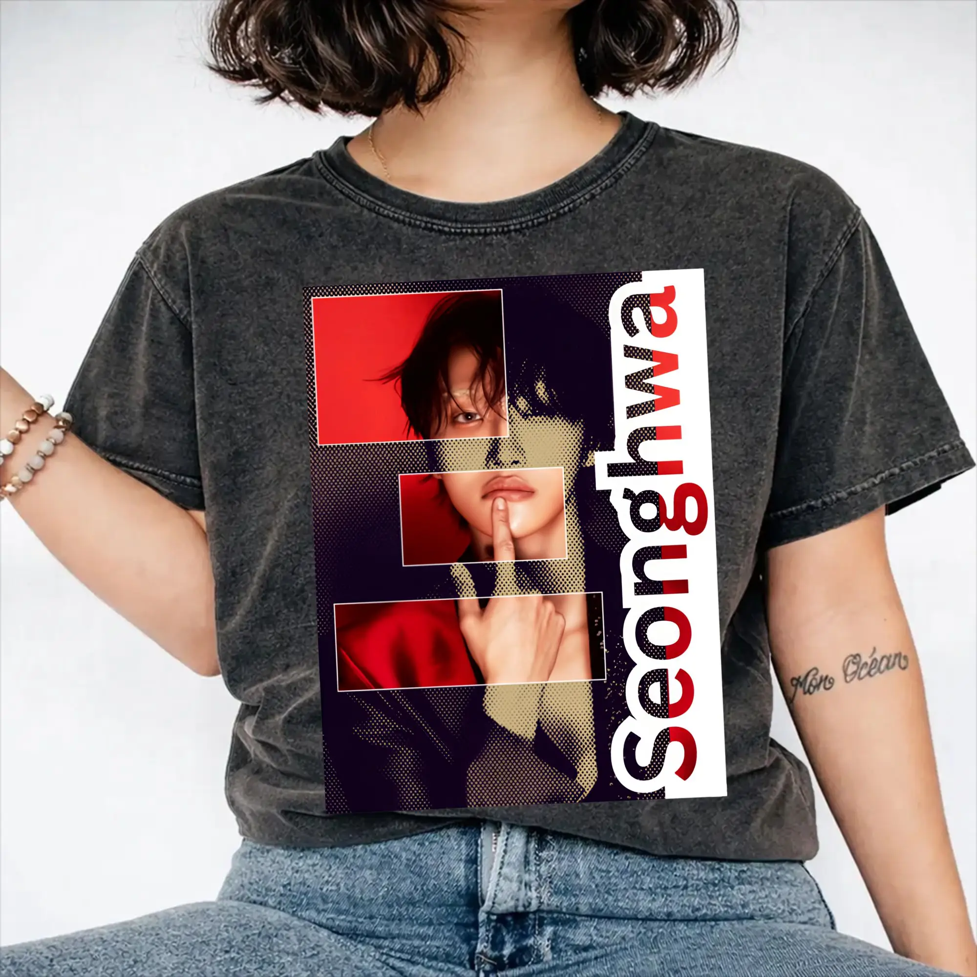 Ateez Seonghwa  T Shirts Hip Hop Washed Short Sleeve Street T-Shirts  Vintage for Men Women Streetwear Graphic Printed Tee Shirt