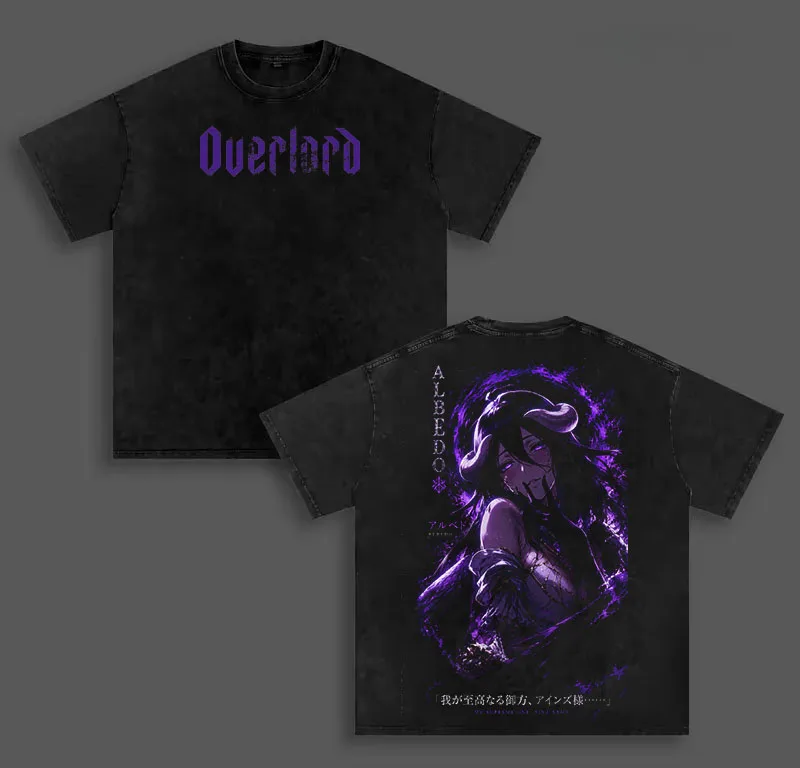 Albedo Overlord Anime T-shirt Men Clothing Harajuku Vintage Washed T Shirt Summer Cotton Tees Tops Casual Oversized Clothes