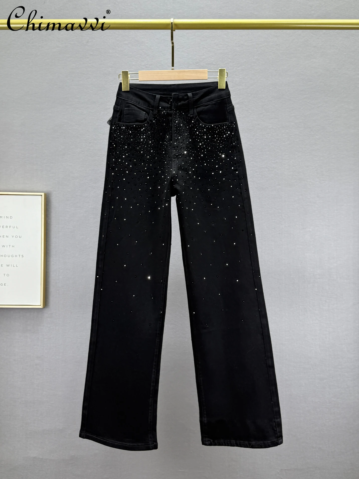 

Heavy Rhinestone Denim Wide-leg Pants for Women Autumn New Fashion High-waisted Loose Slim European Style Floor-length Trousers
