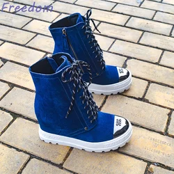 Inner heightening round toe frosted strap denim sneakers large size new iron toe blue boots 10 heel high school boots for women