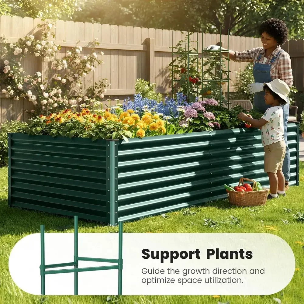 Raised Garden Bed 8x4x2 ft Tall Metal Planter for Outdoor Vegetables, 2 Tomato Cages, 22.04 Deep Green