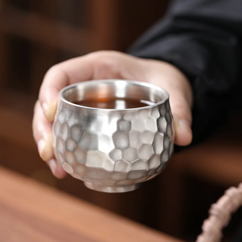 Handmade Hammered Pure Silver Teapot Set with Rattan Handle, Kung Fu Tea Ceremony Accessory, Includes Matching Silver Cup