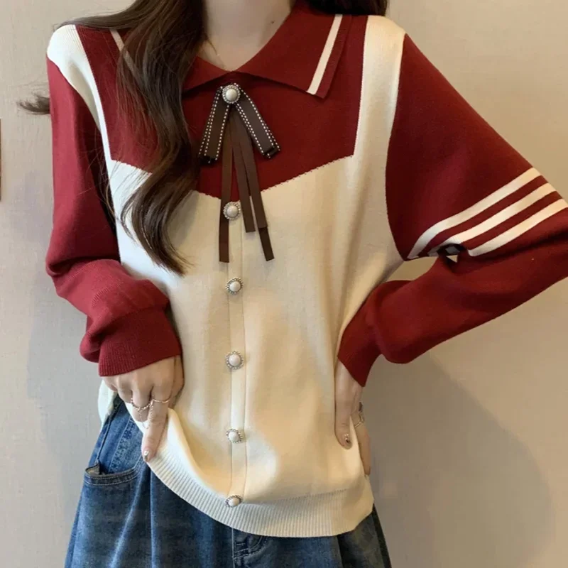 Korean Sweet Bow Preppy Style Women Knit Pullover Sweater Spring Winter Versatile Color Blocking Slim Tweed Top for Sensibility