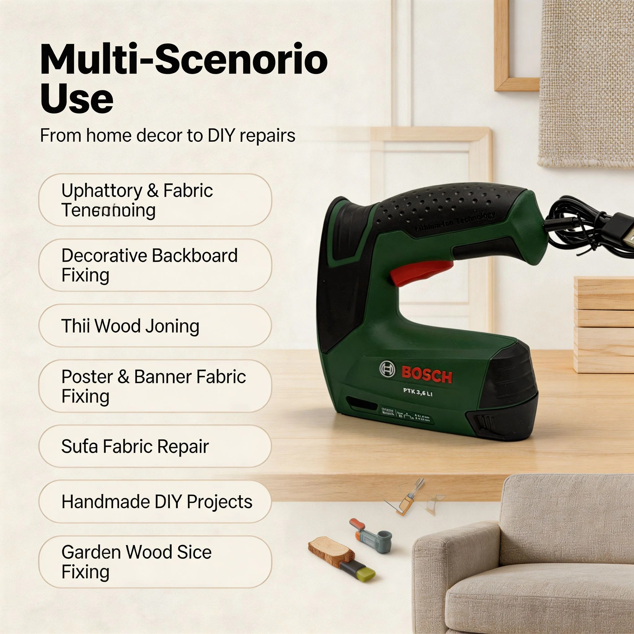 Bosch PTK 3.6 LI Cordless Staple Gun 3.6V Li‑ion Battery 4‑10mm Staples Portable DIY Tacker Tool