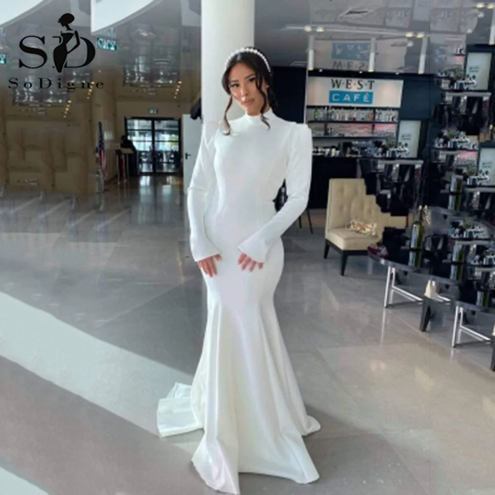 

SoDigne Arabic Long Sleeves Modest Wedding Dresses High neck Mermaid Satin Bride Dresses Women Simple Wedding Party Gowns