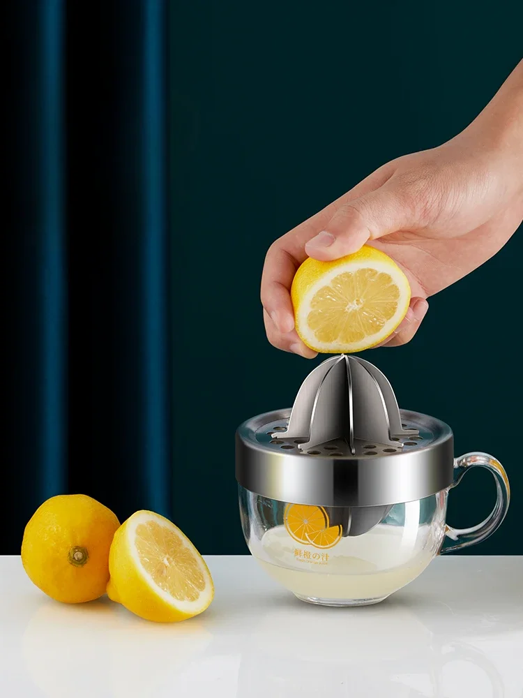 304 Stainless Steel Manual Juicer, Fruit Squeeze Lemon Squeeze Orange Juice Tool with Tempered Glass Cup, Household Kitchen