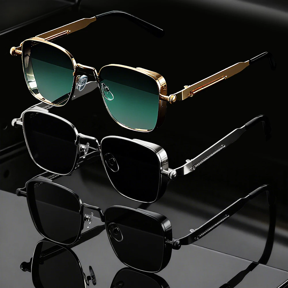 1/3PC Vintage Steampunk Quadratische Sonnenbrille mit Metallrahmen, Unisex Retro Grunge Punk Brille für Alltagsmode, Karnevalspartys, UV400