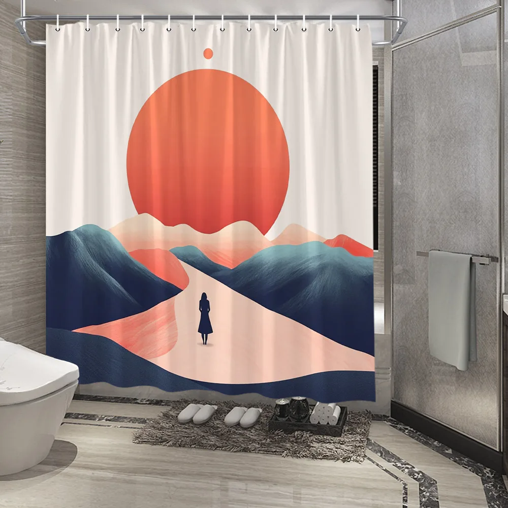 1 шт. Занавеска для душа — минималистичный сюрреалистический пейзажный дизайн с красным солнцем, синими, розовыми холмами и силуэтом черного платья — премиум-класса