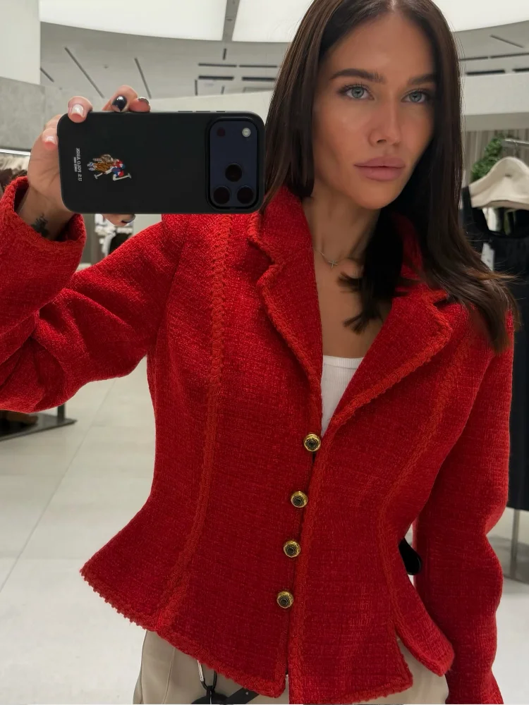 Women Slim Fit Tweed Jacket Waist Cinched Peplum Design Lapel Collar Gold Buttons Casual Blazer Female Date Office Outer Coat