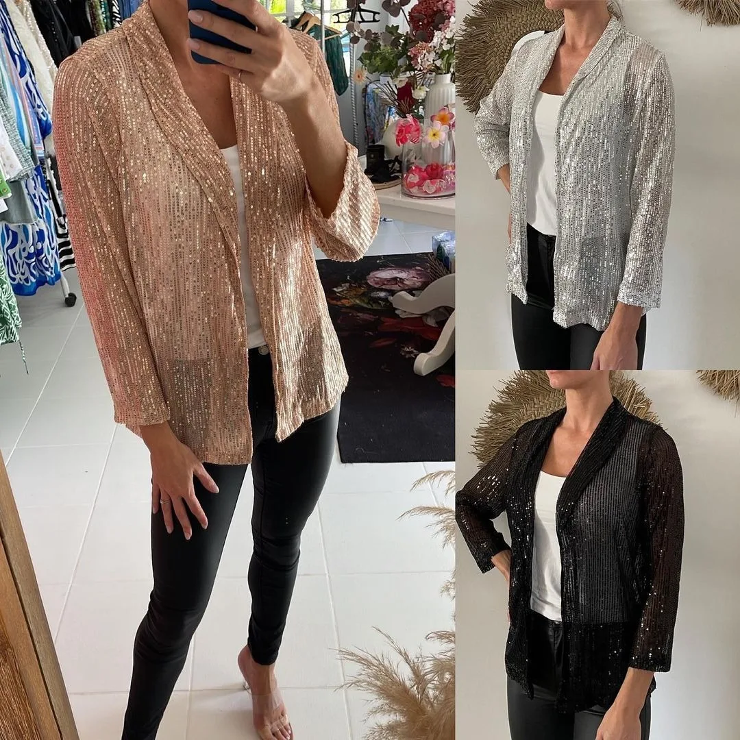 Spring New Sequined Long-sleeved Temperament Medium And Long Small Suit Lapel Color Jacket Women