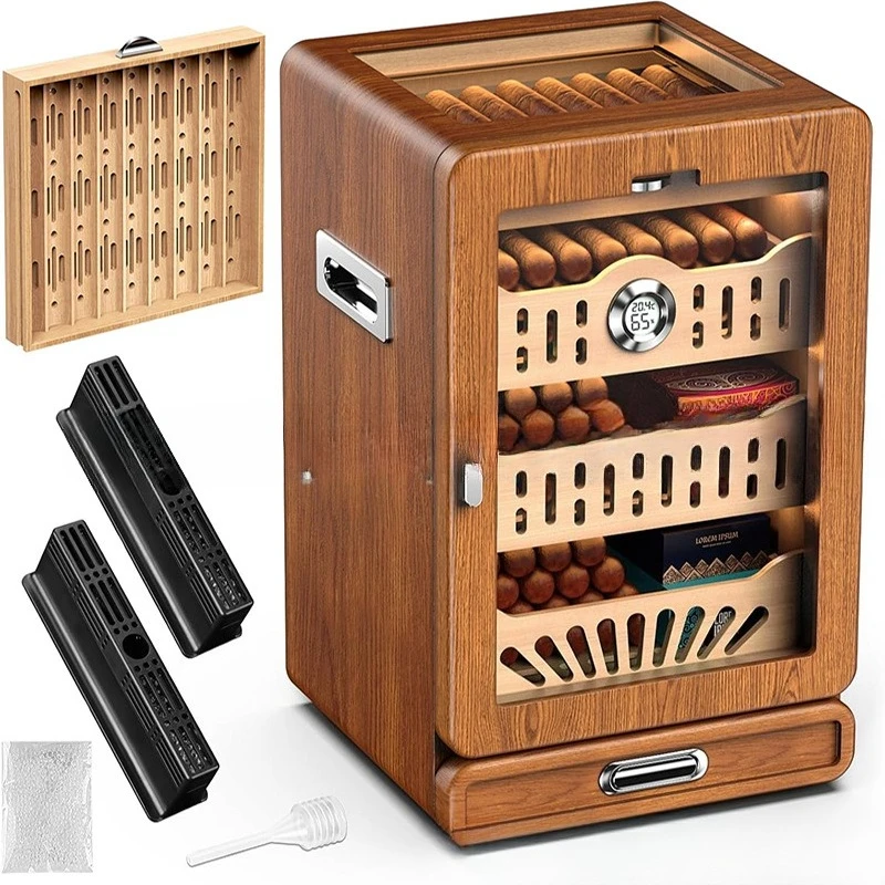 Small cigar cabinet, cedar solid wood, large capacity four-layer wooden frame, moisturizing box with window, Amazon wholesale
