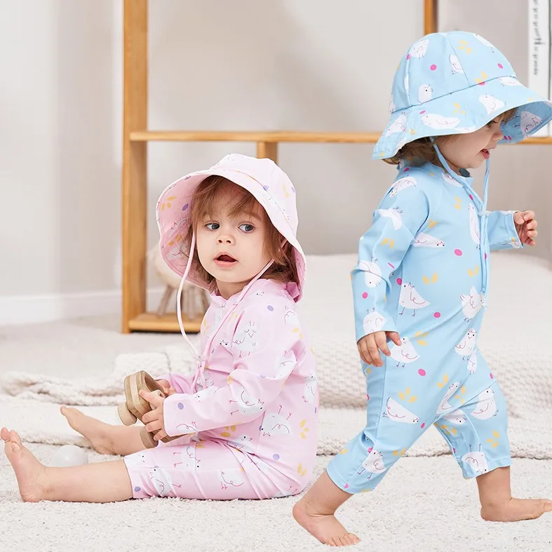 Pakaian Renang Bayi Perempuan Balita Baju Renang Motif Kelinci Baju Renang Pelindung Ruam Lengan Panjang Bayi dan Topi Matahari Pakaian Pantai Anak