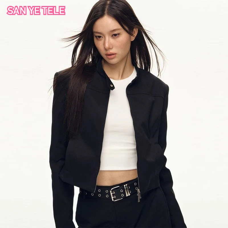 

Retro American Stand Collar Black Jacket Women's Autumn Winter New Slim Short Casual Fashion Motorcycle Clothes Top Trendy
