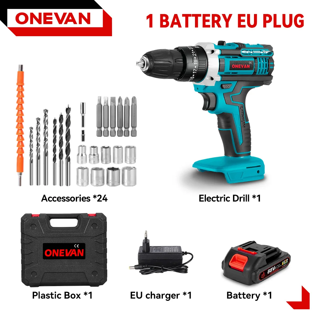 ONEVAN Elektrische Slagboormachine 25+3 Koppel Blauw/Rood Multifunctionele Draadloze Klopboormachine Elektrisch Gereedschap Voor Makita 18V Accu