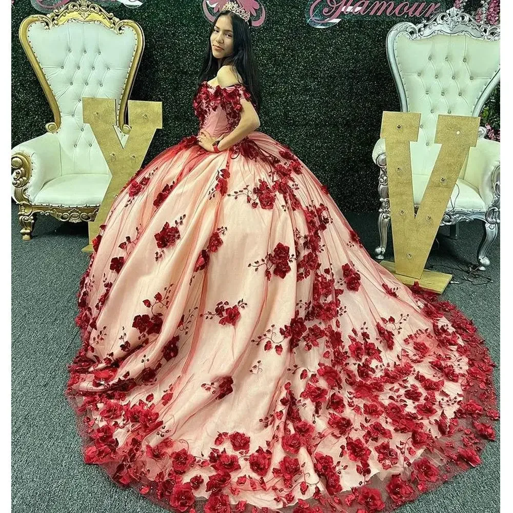 LIYYLHQ 3D Flowers Appliques Lace Burgundy Quinceanera Dresses Ball Gown Beaded Floral Corset Sweet 16 Vestidos De XV Anos New