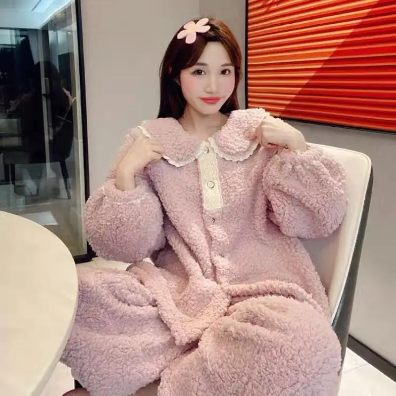 Hot Minimalist Lamb Fleece Leisure Wear Winter Thicken Cute Sweet Long Sleeves Loungewear Set Two-Piece Set Dopamine New Style