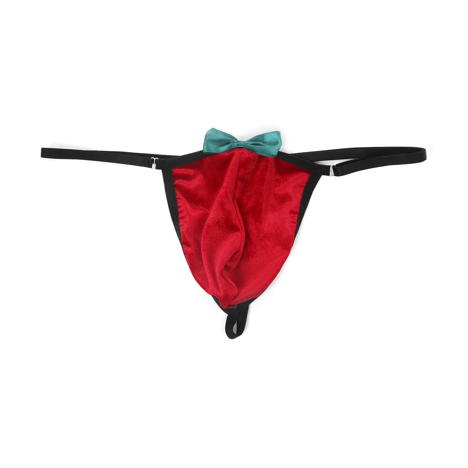 Festival Men Christmas Thong Panties Velvet Red Underwear Santa Claus G‑string Bow Cap Fluff Underpants Holiday Gift Nightwear