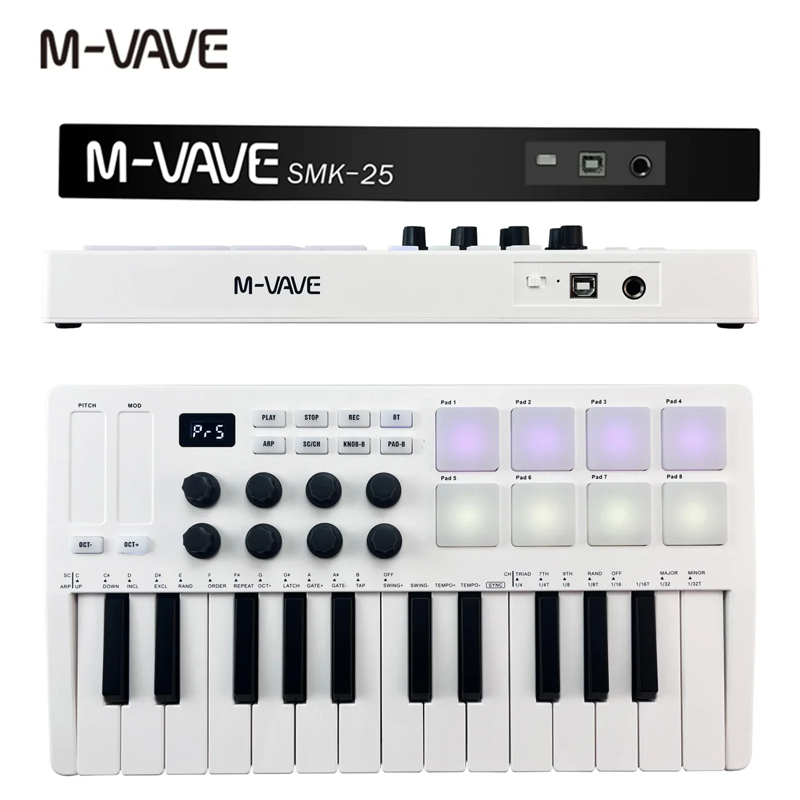 M-VAVE 25 키 MIDI 컨트롤러 키보드, 미니 휴대용 USB 키보드, 피아노 MIDI 키보드 컨트롤러, 8 RGB 백라이트 패드, 8 노브 