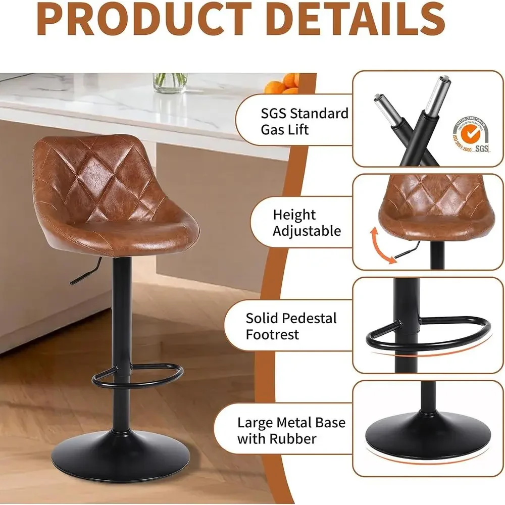 Set of 2 Swivel Counter Height Bar Stools with Backrest and Footrest, Brown Leather for Kitchen Island or Dining Area - view 5