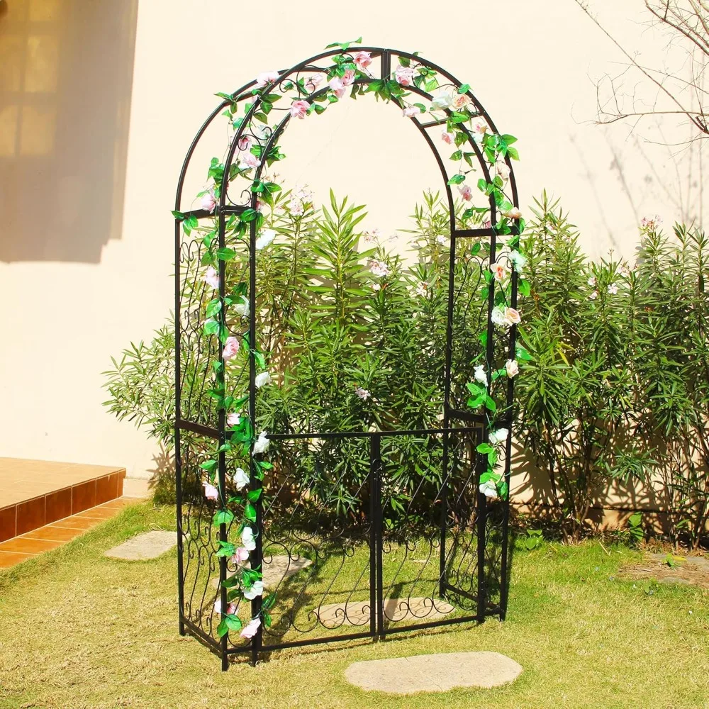 

Heavy-Duty Arbor with Gate 48.8" W x 83.5" H, Iron Arch Trellis Arbor Archway for Climbing Plants Roses Vines Support Rack