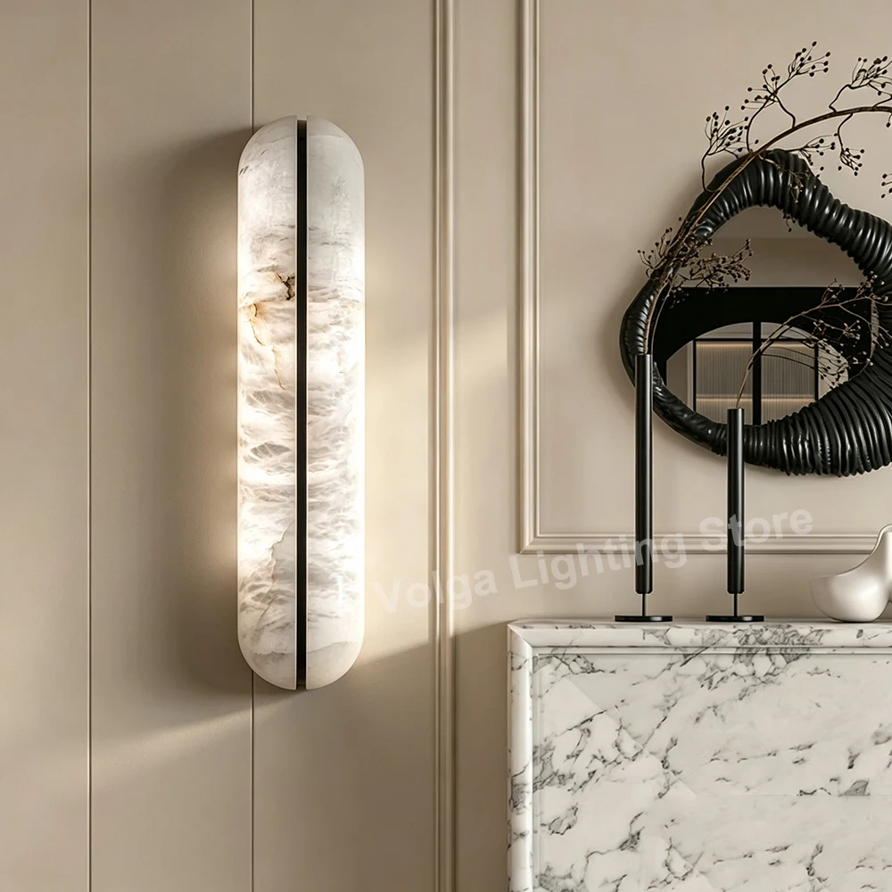 Black Brass Natural Marble Lampshade Wall Decor Lights, High-end Alabaster Wall Lamp for Hallway Bathroom Living Room