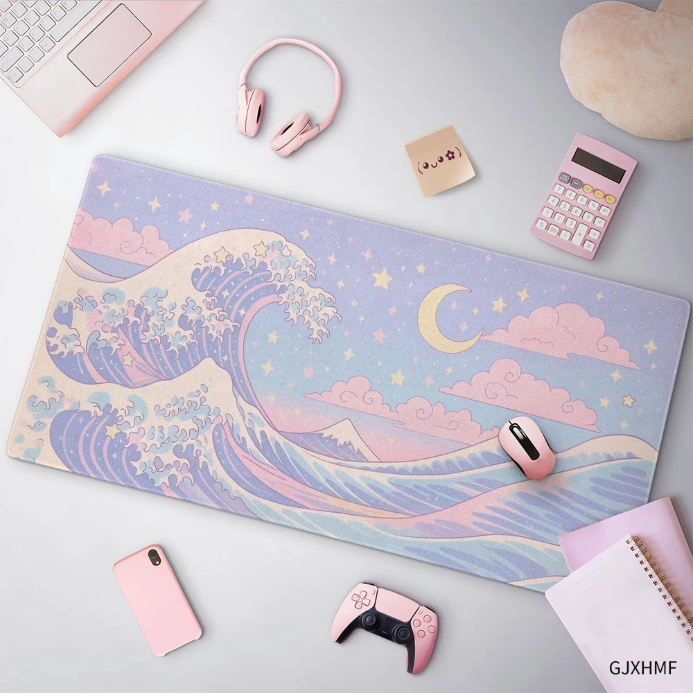 

Kawaii Great Wave Mouse Pad,Cute Pastel Pink Blue Deskmat Large Japane Art Black White Mousepad Office Keyboard Laptop Computer