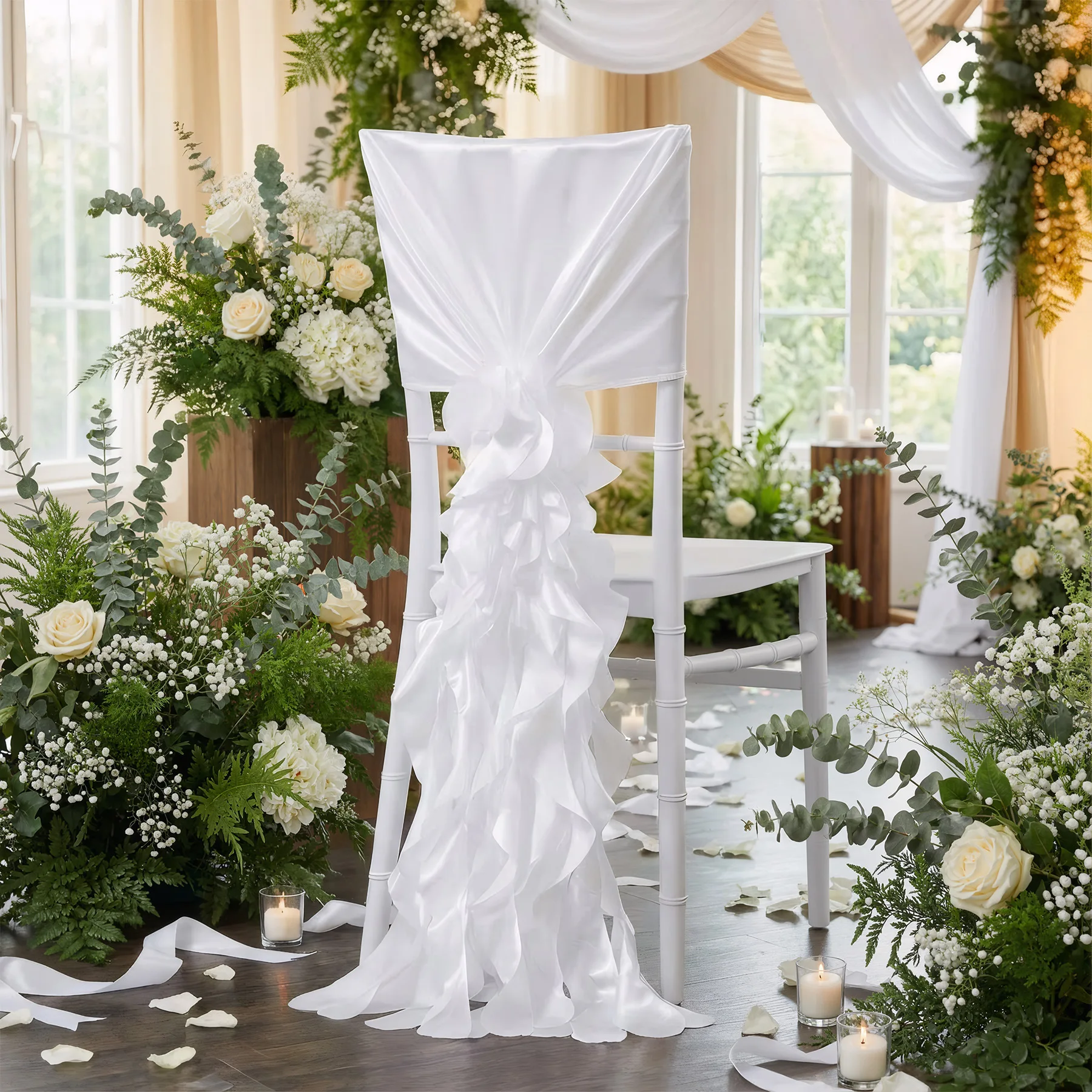 10Pcs Romantic White Sash Bow Party Decor Chair Cover Ruffles for Home Hotel Weddings Banquet Event Decorations Supplies