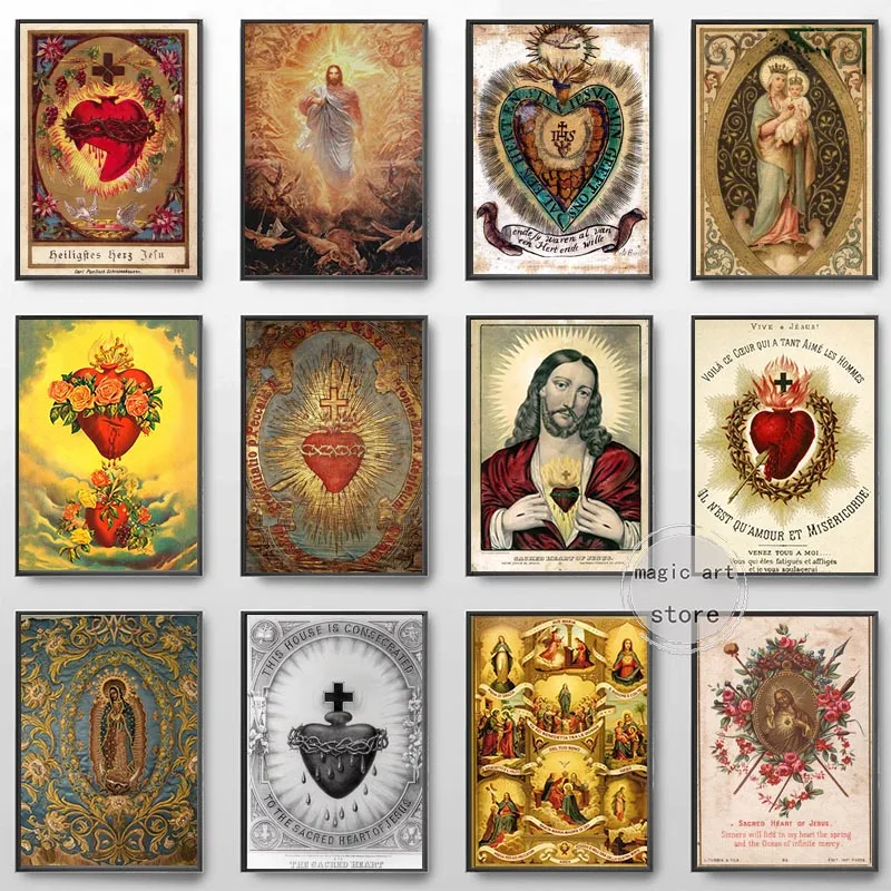 Religion Retro Sacred Heart of Jesus Blessed Virgin Mary Catholic Art Poster Canvas Painting Wall Print Picture Room Home Decor