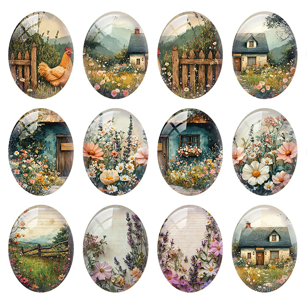 10pcs/lot Countryside Flower Plants Hen Farmer Spring Summer Oval Photo Glass Cabochon Flatback Demo Cameo Diy Jewelry Making