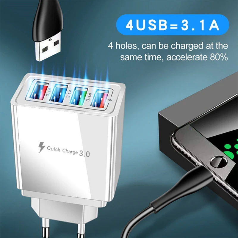 4 Adaptor Pengisi Daya Cepat USB, dengan Lampu LED Adaptor Pengisi Daya Cepat 5V3A Tipe C QC3.0 Pengisi Daya Cepat