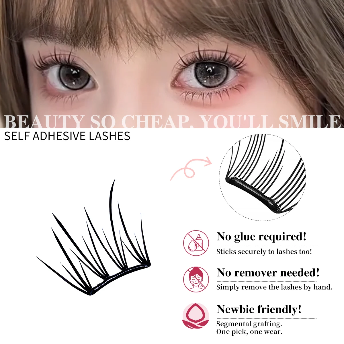 60 Kępki Bezklejowe, Lekkie jak Pióro Paski Rzęs Cienkie Niewidoczne Rzęsy Łatwe w Użyciu Kępki do Szybkiego Nakładania dla Naturalnego Codziennego Wyglądu Miękkie