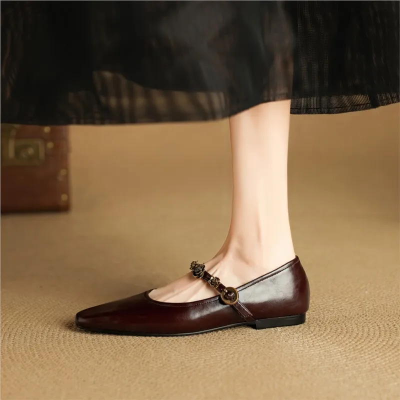 Dilalula 2025 Genuine Leather Mary Janes Flats Women Square Toe Metal Decoration Flat Heel Pumps Female Daily Walk Shoes