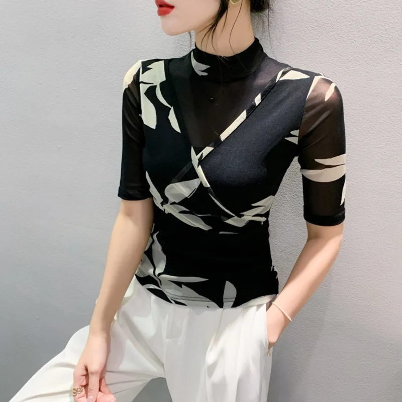 #8638 Spring Summer Turtleneck T Shirt Women Thin Mesh Printed T Shirt Female Sexy Split Joint Skinny T-shirt Femme Half Sleeve 