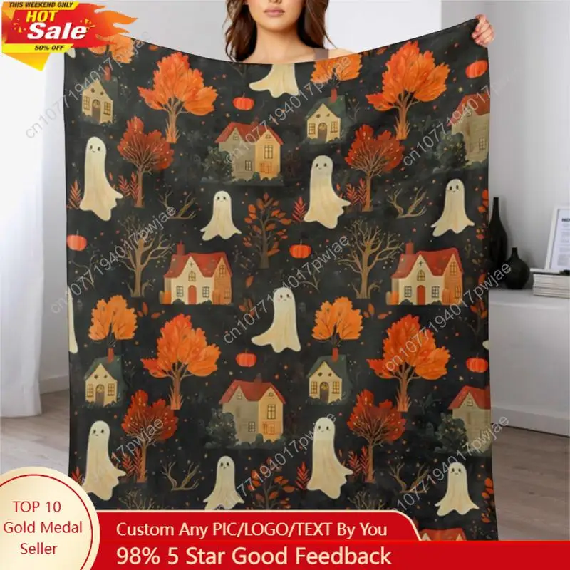 

[280GSM]Spooky Ghost Village Flannel Blanket Cute with Autumn Trees Houses Thro Soft Cozy Gifts Custom blankets