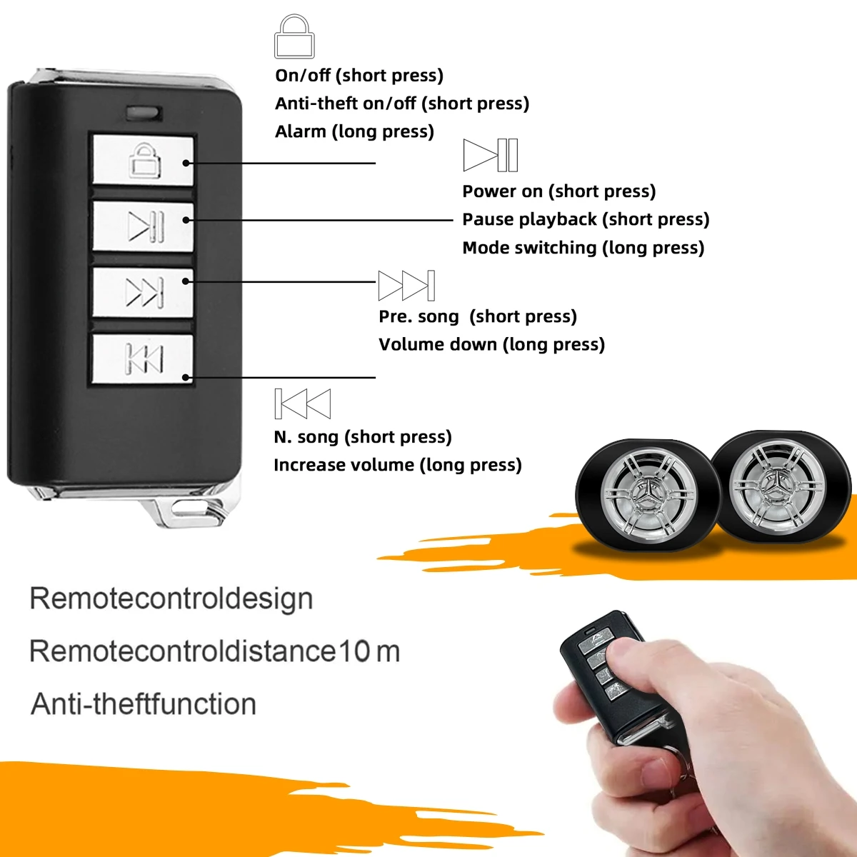 مكبر صوت لمقود الدراجة النارية/بلوتوث مدمج/مشغل MP3/جهاز تحكم عن بعد لاسلكي مقاوم للماء، مناسب للدراجات النارية