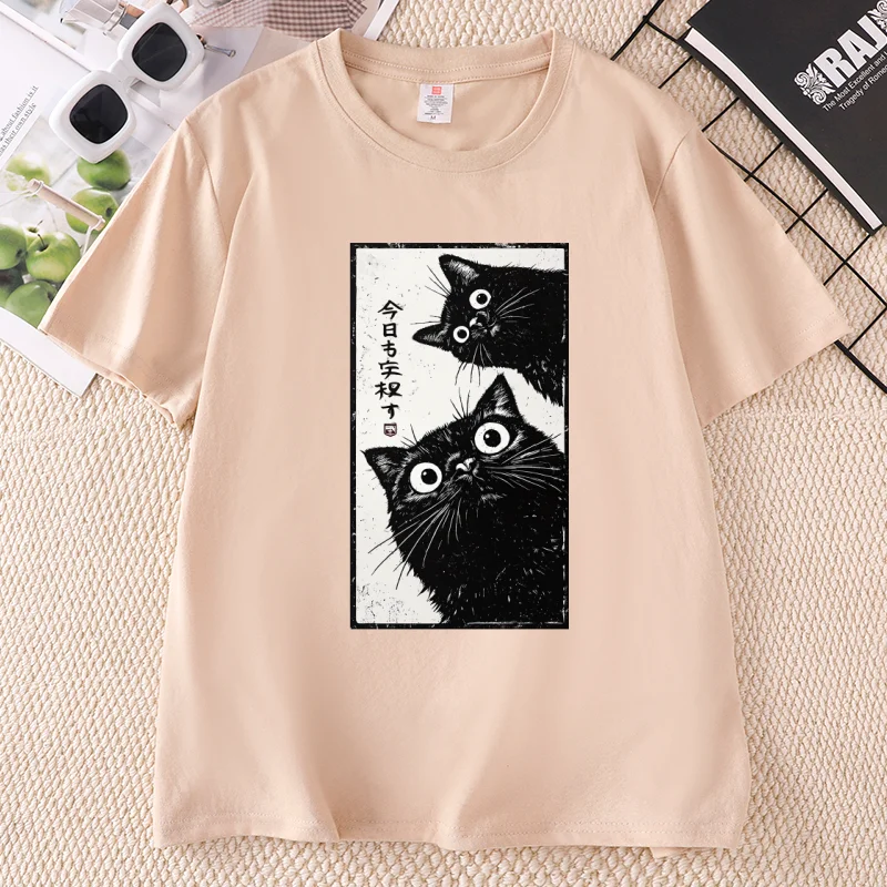 Japanese Cat T-Shirt Men Women Tokyo Aesthetic T Shirt Black Cat Tee Casual Cotton Short Sleeve Printed Tshirts Unisex Clothes