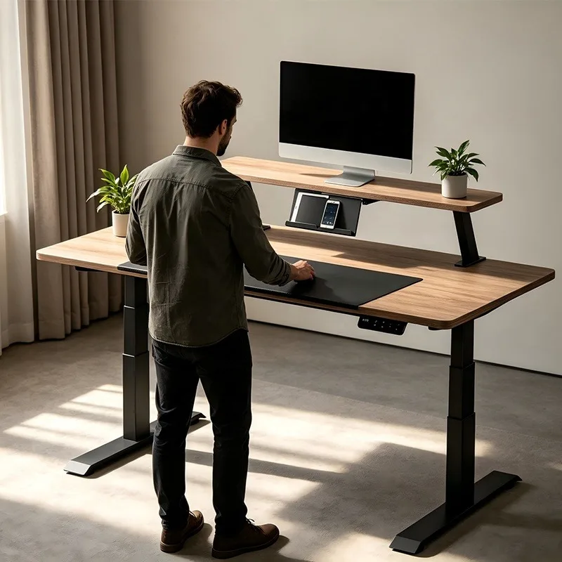 Motorized Standing Desk Ergonomic Executive, Height Adjustable Anti-collision Dual Monitor Home Office Desk