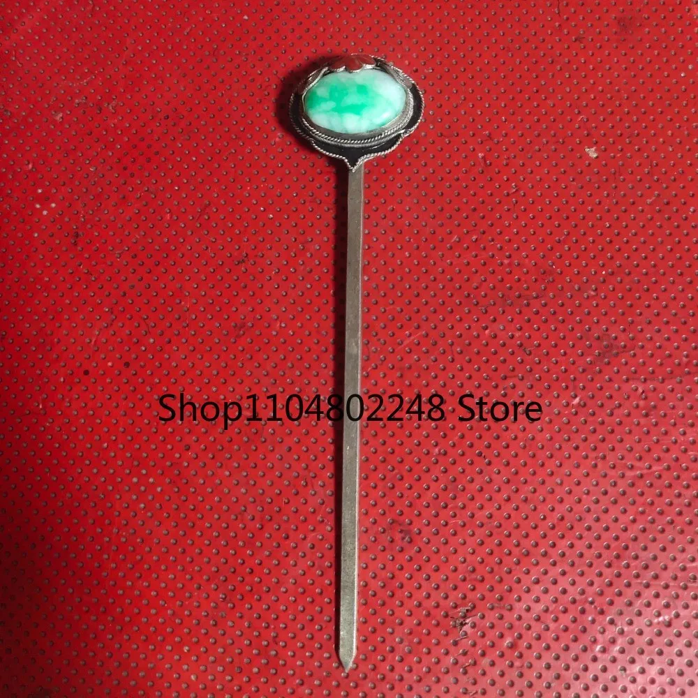 Old Chinese tibetan Silver Hairpin, Jade Inlaid Hair Stick statue