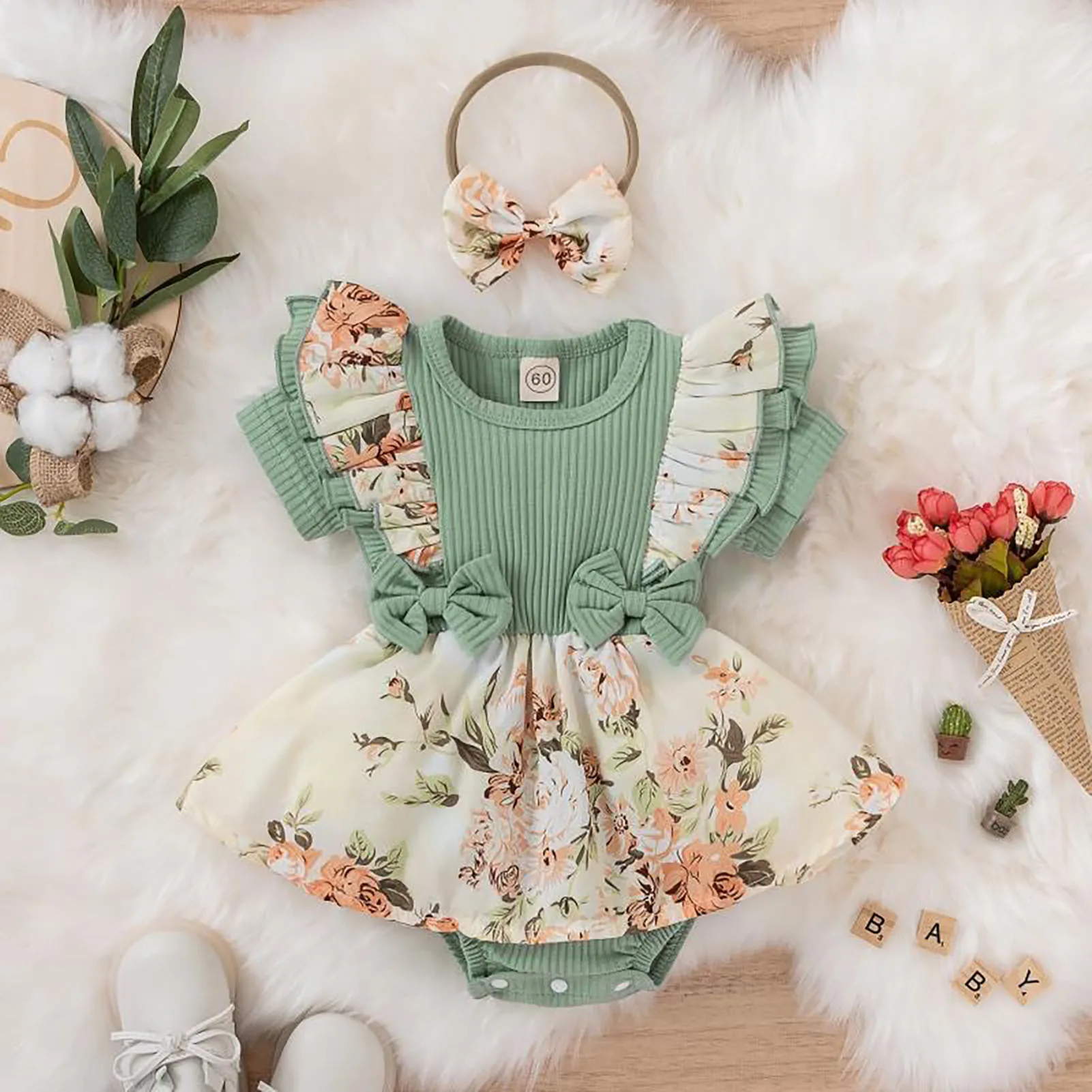 Baby Girls Floral Crawling Dress Super Soft Cotton Bodysuit Baby's Clothing for Hot Weather Daily Wear