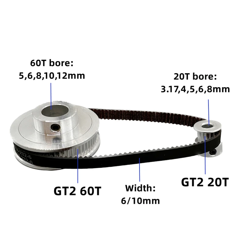 60T 20Teeth 벨트 폭 10mm 2GT 타이밍 벨트 풀리 세트 텐셔닝 휠 보어 3~12mm 감속 3:1GT2 동기 풀리 벨트 키트