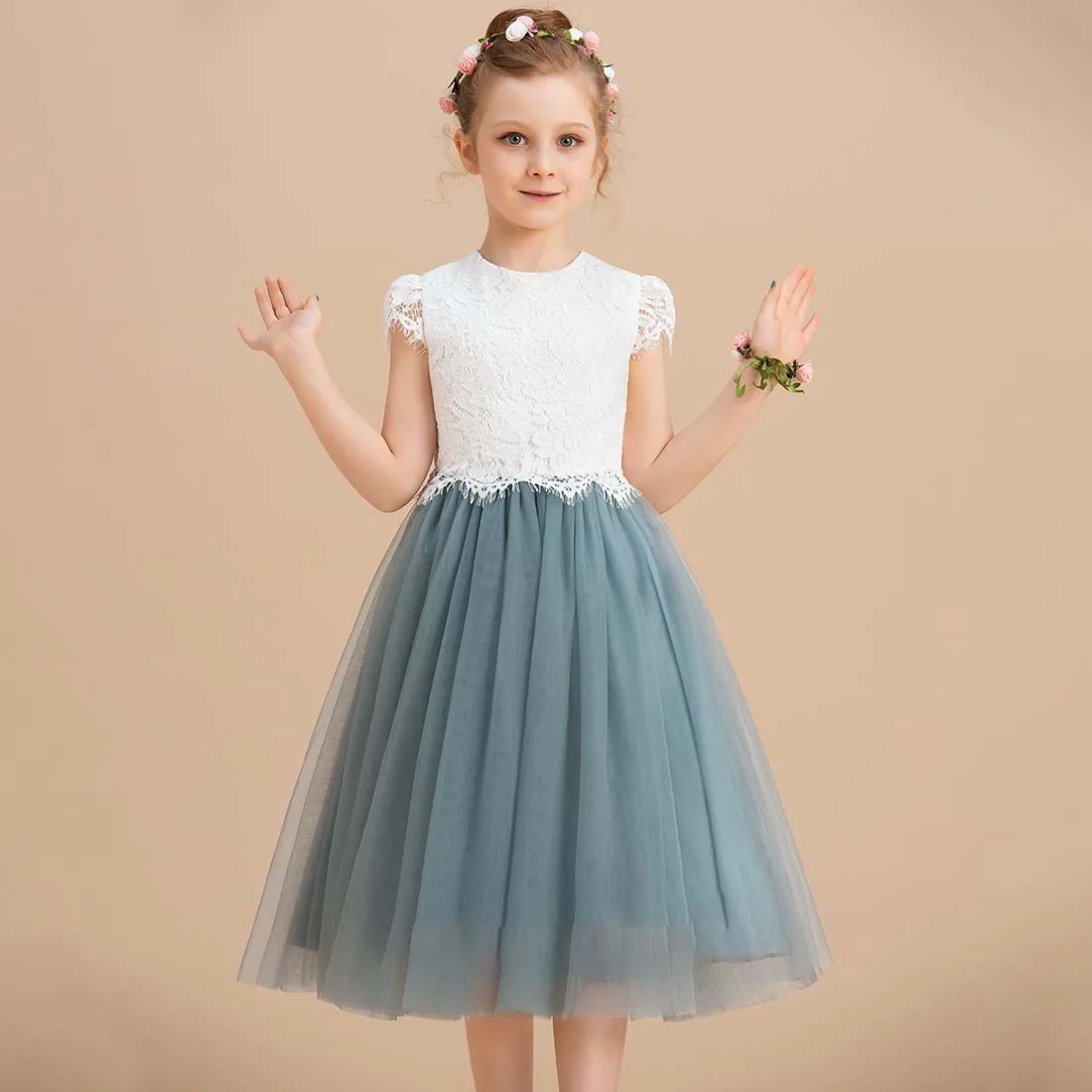 YZYmanualroom Lace Tulle Flower Girl Dress A-line Scoop Tea-Length 2-15T