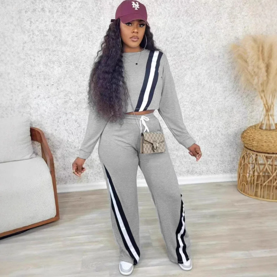 

Autumn Winter Women 2 Piece Tracksuit Striped Sport Jogger Long Sleeve Outfits Streetwear Fashion Loose Two Piece Pants Set