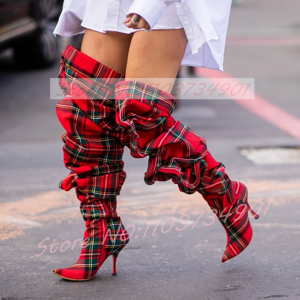 

Красные ботфорты в клетку с эффектом рюши, женские модные сапоги на шпильке с острым носком, сексуальные ботинки для вечеринок и подиума