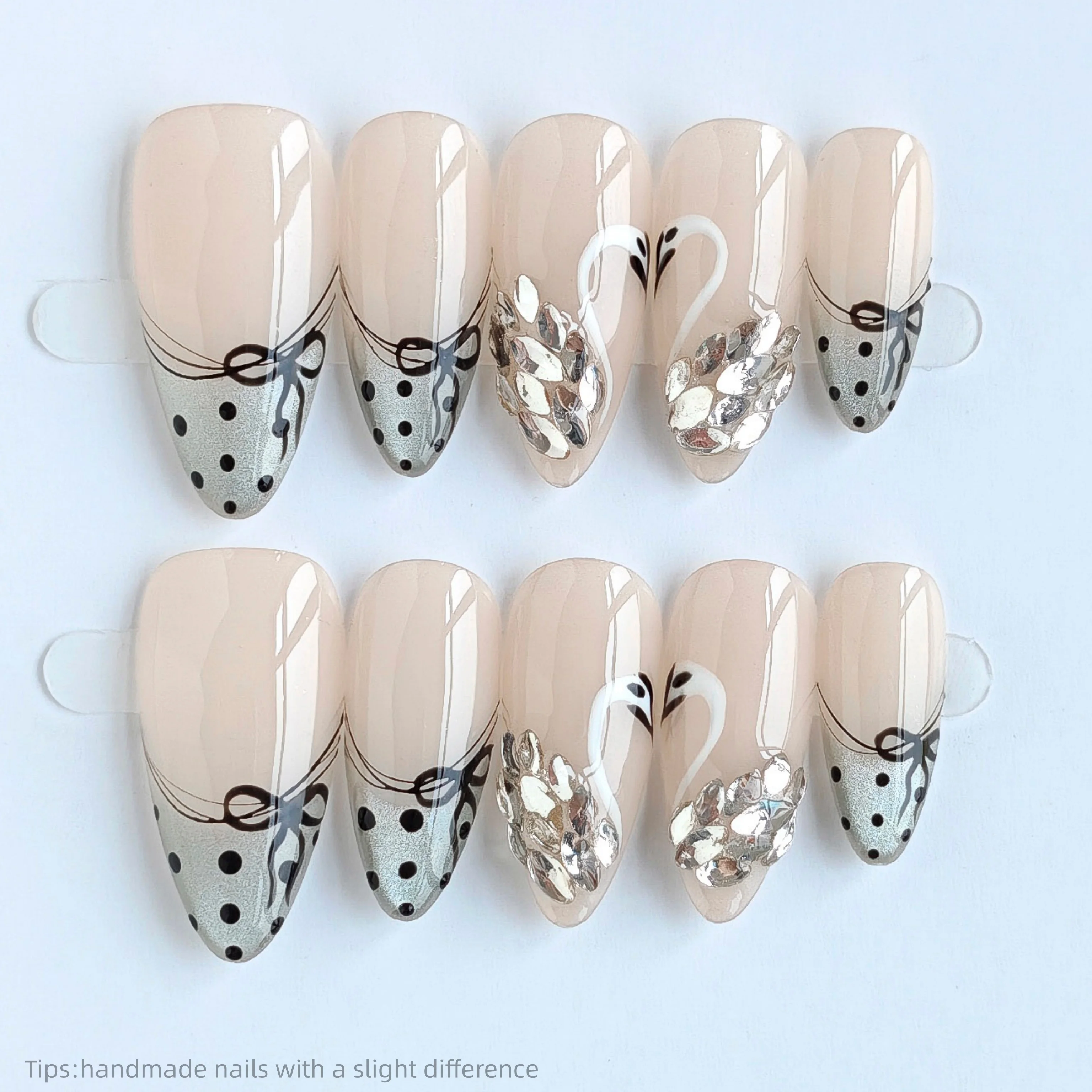 

10pcs Handmade nails Swan Polka Dot Press On Nails diamond Nude Almond Elegant Handmade Fake Nails Bow Decor False Nail