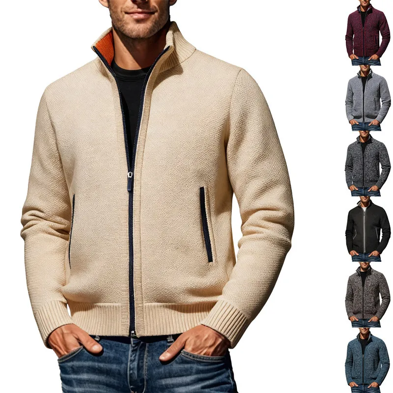 

Новинка 2025 года, мужской кардиган на молнии с воротником-стойкой, свитер, куртка на флисовой подкладке, теплый повседневный топ с длинными рукавами, различные варианты цвета