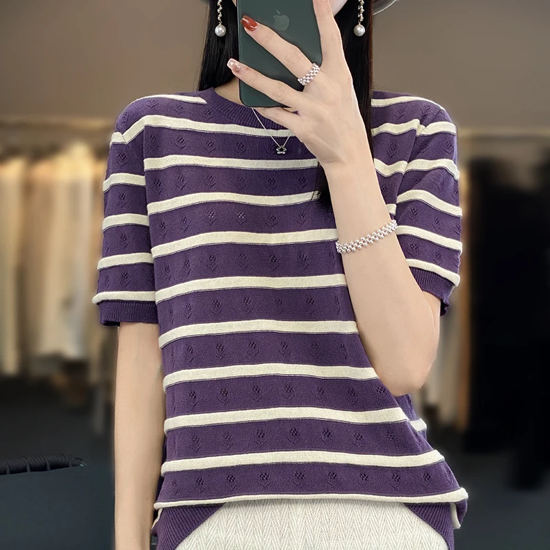 2024 Summer New Knitted Half Sleeves Women's Round Neck Pullover Loose Stripe Contrast Hollow Style Cotton And Hemp Knitted Top